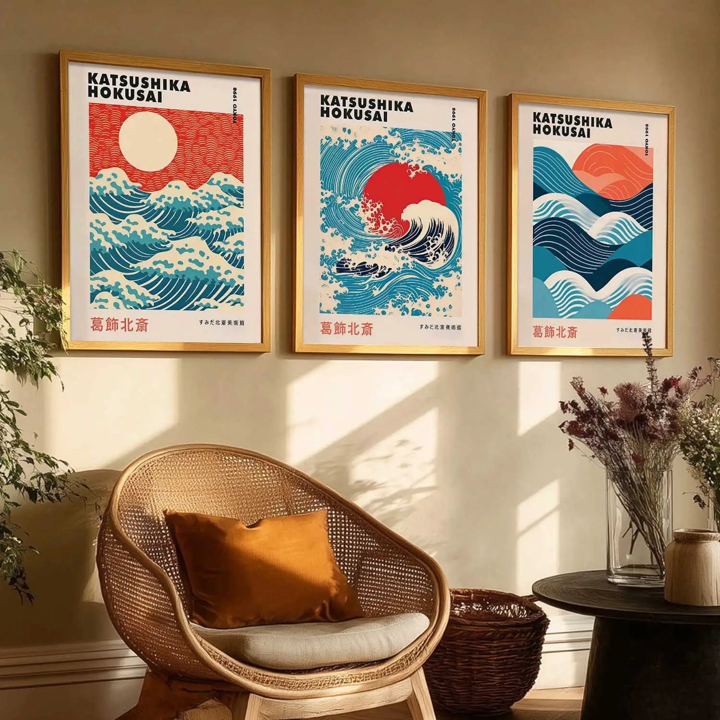 Japanese Waves and Sun Wall Art Paintings for Living Room Bedroom