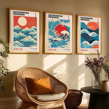 Japanese Waves and Sun Wall Art Paintings for Living Room Bedroom