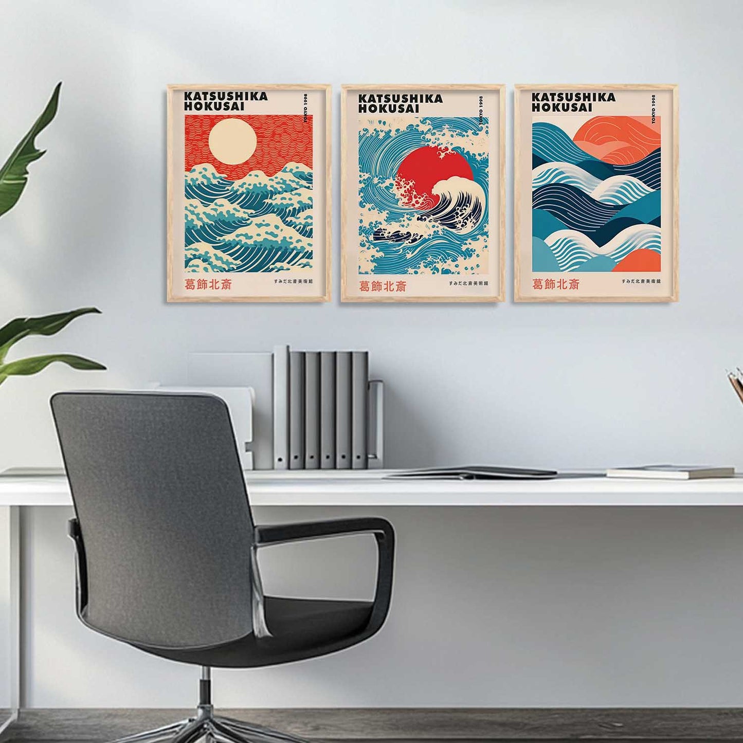 Japanese Waves and Sun Wall Art Paintings for Living Room Bedroom