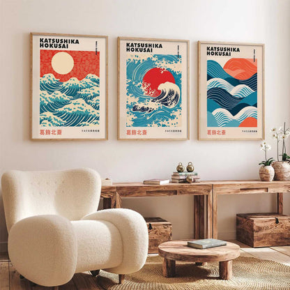 Japanese Waves and Sun Wall Art Paintings for Living Room Bedroom