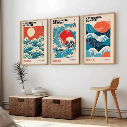 Japanese Waves and Sun Wall Art Paintings for Living Room Bedroom