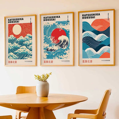 Japanese Waves and Sun Wall Art Paintings for Living Room Bedroom