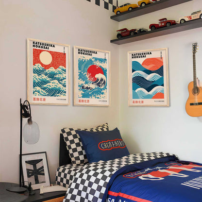 Japanese Waves and Sun Wall Art Paintings for Living Room Bedroom