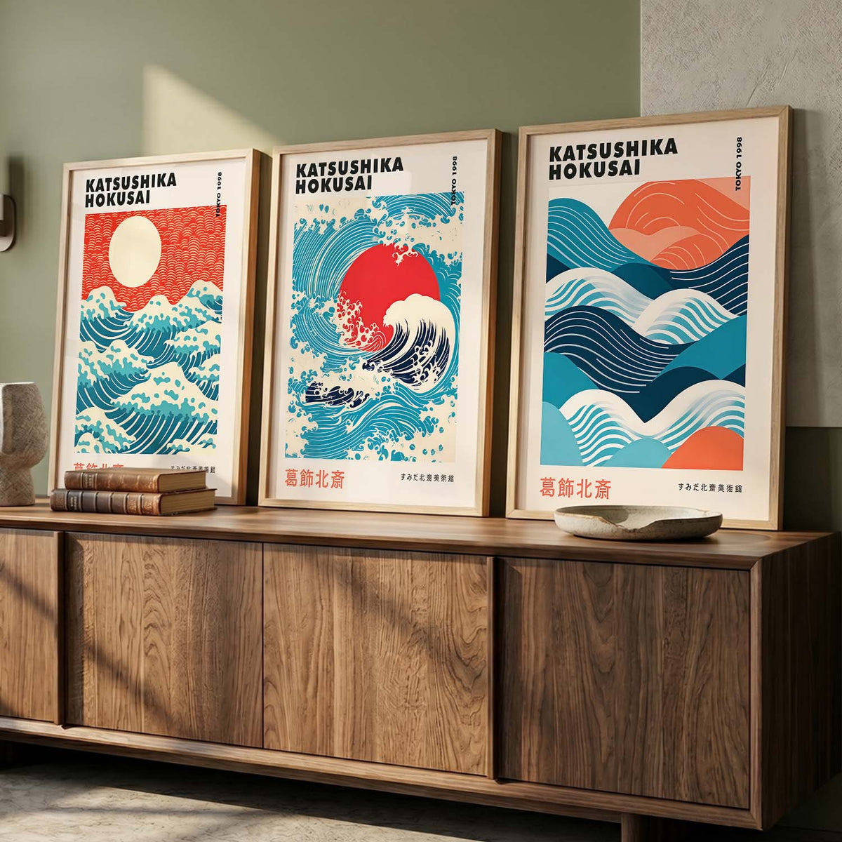 Japanese Waves and Sun Wall Art Paintings for Living Room Bedroom
