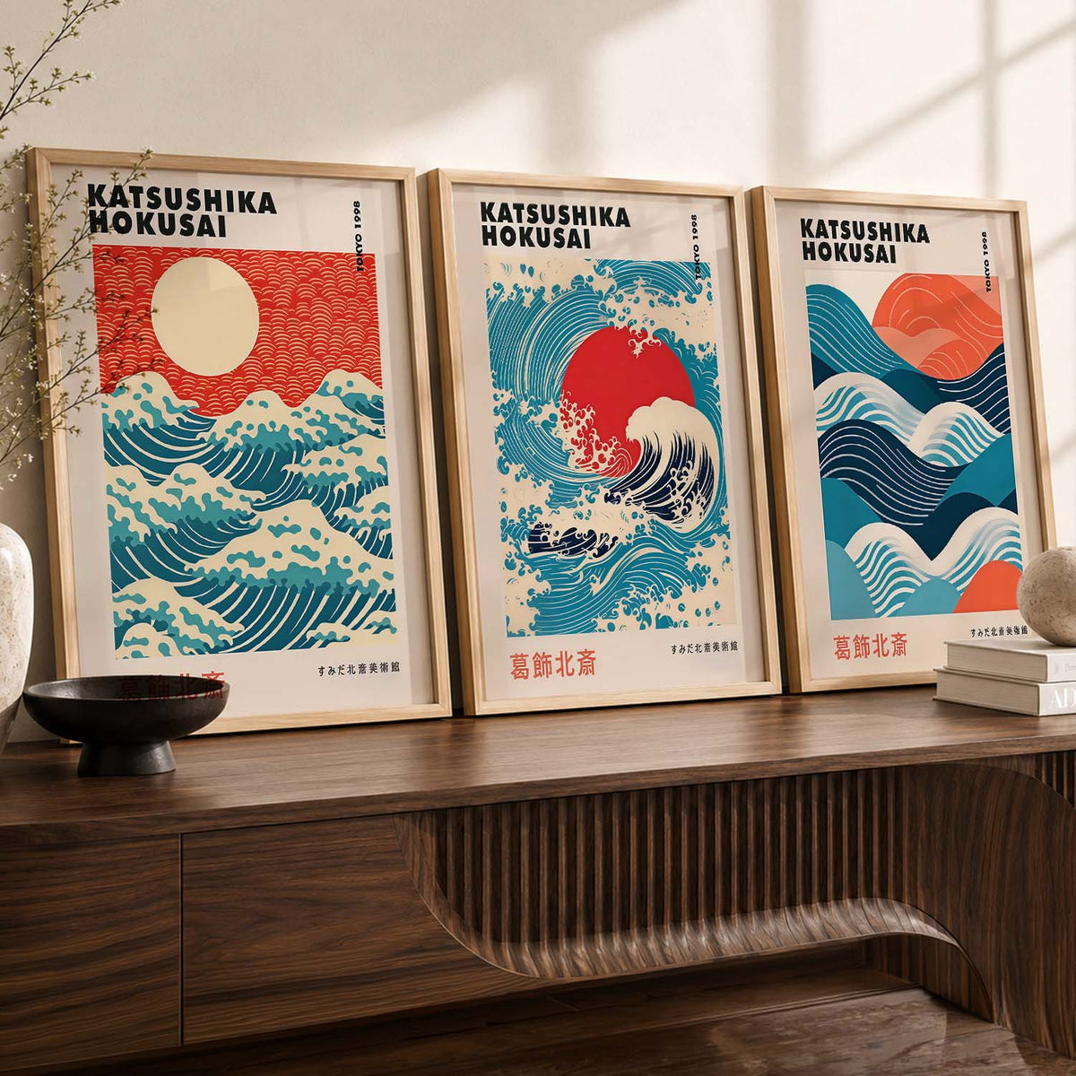 Japanese Waves and Sun Wall Art Paintings for Living Room Bedroom