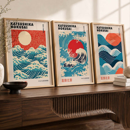 Japanese Waves and Sun Wall Art Paintings for Living Room Bedroom