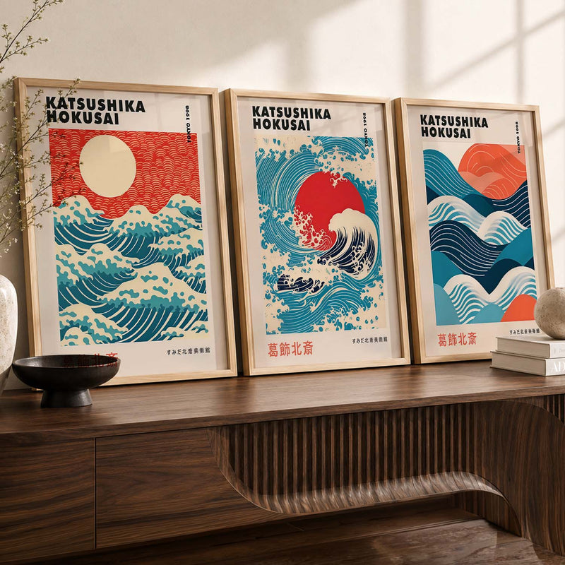 Japanese Waves and Sun Wall Art Paintings for Living Room Bedroom