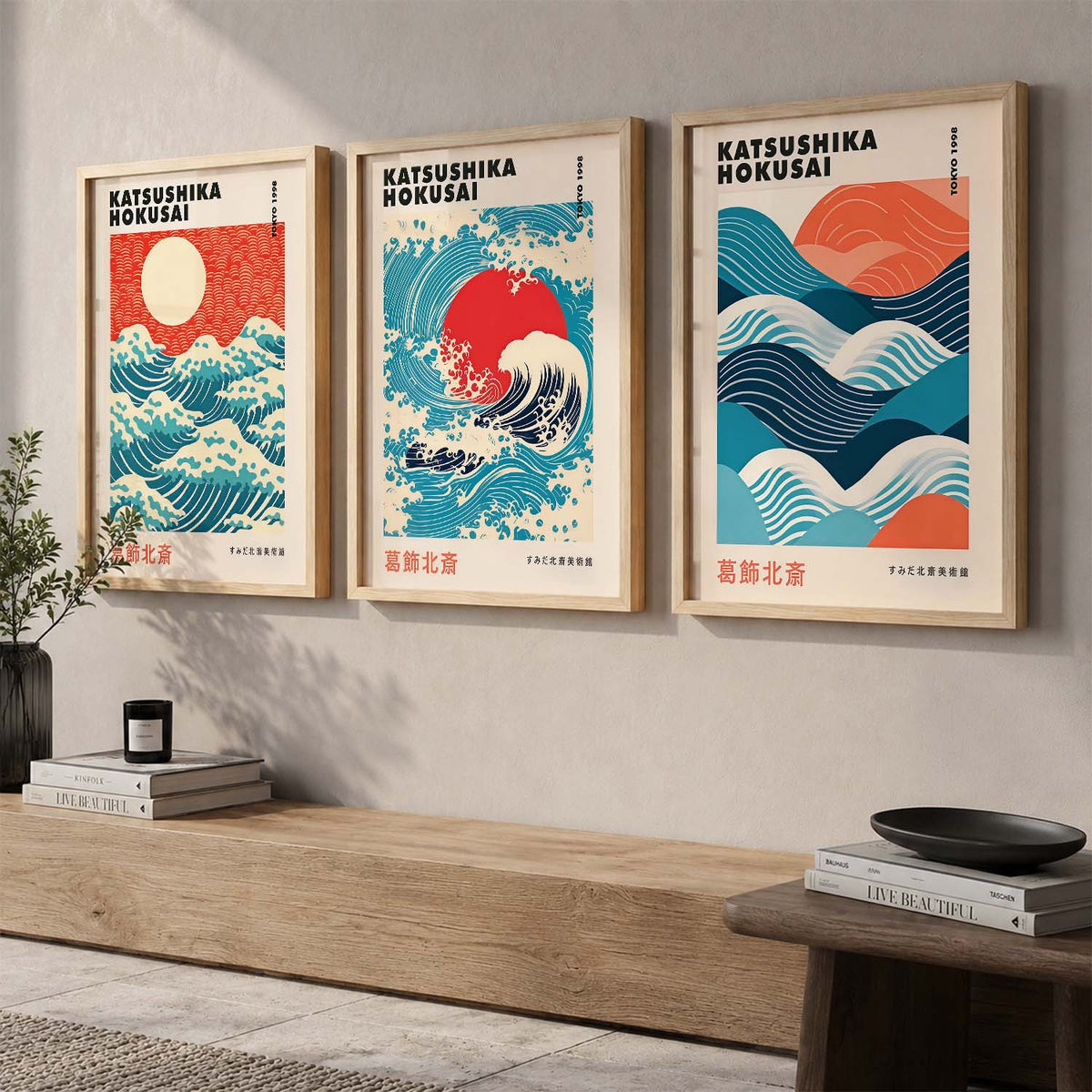 Japanese Waves and Sun Wall Art Paintings for Living Room Bedroom