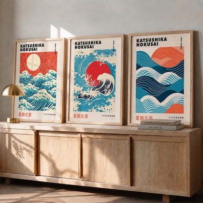 Japanese Waves and Sun Wall Art Paintings for Living Room Bedroom