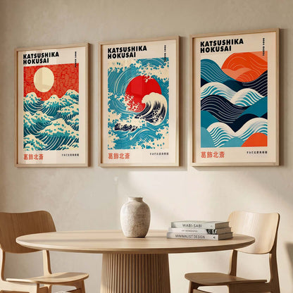 Japanese Waves and Sun Wall Art Paintings for Living Room Bedroom