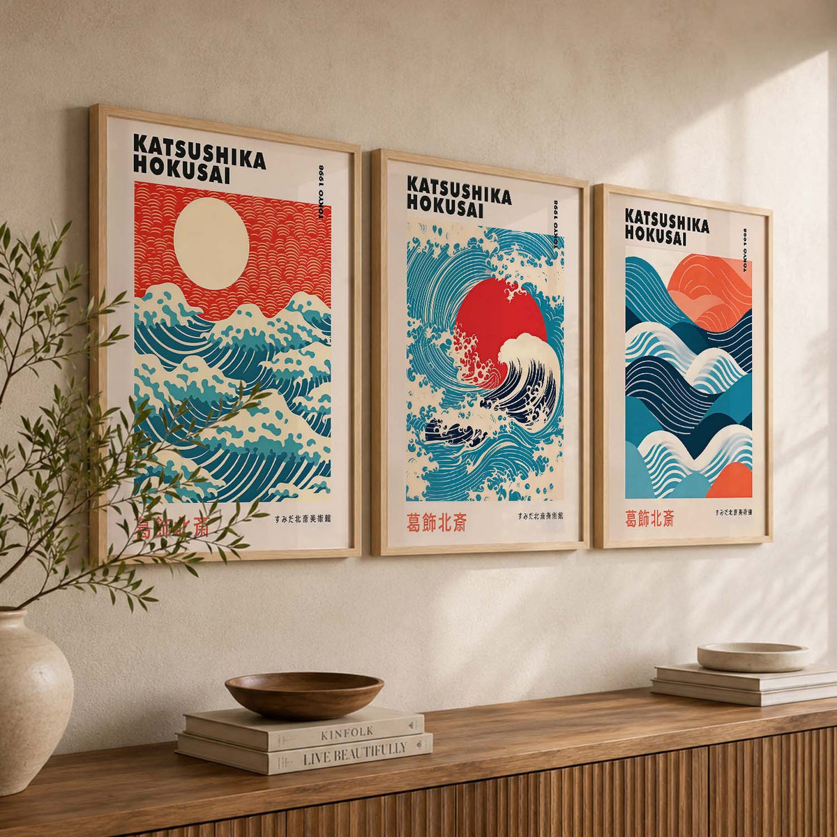 Japanese Waves and Sun Wall Art Paintings for Living Room Bedroom