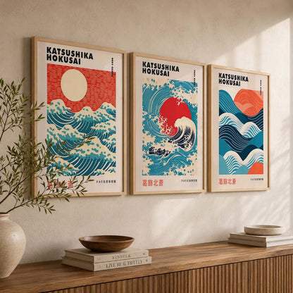 Japanese Waves and Sun Wall Art Paintings for Living Room Bedroom