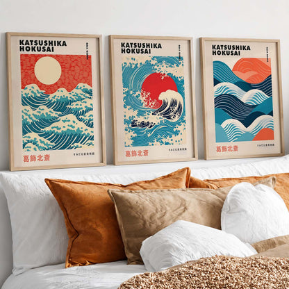 Japanese Waves and Sun Wall Art Paintings for Living Room Bedroom