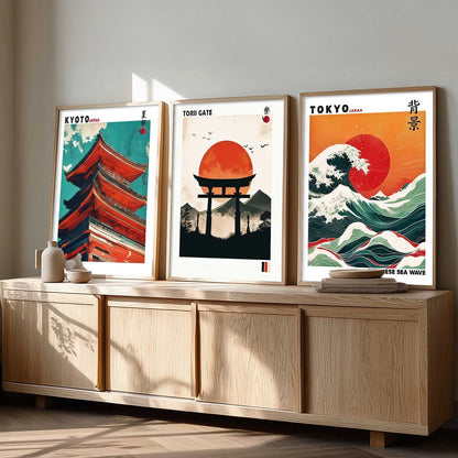 Japan Waves and City View Wall Art Paintings for Living Room Bedroom