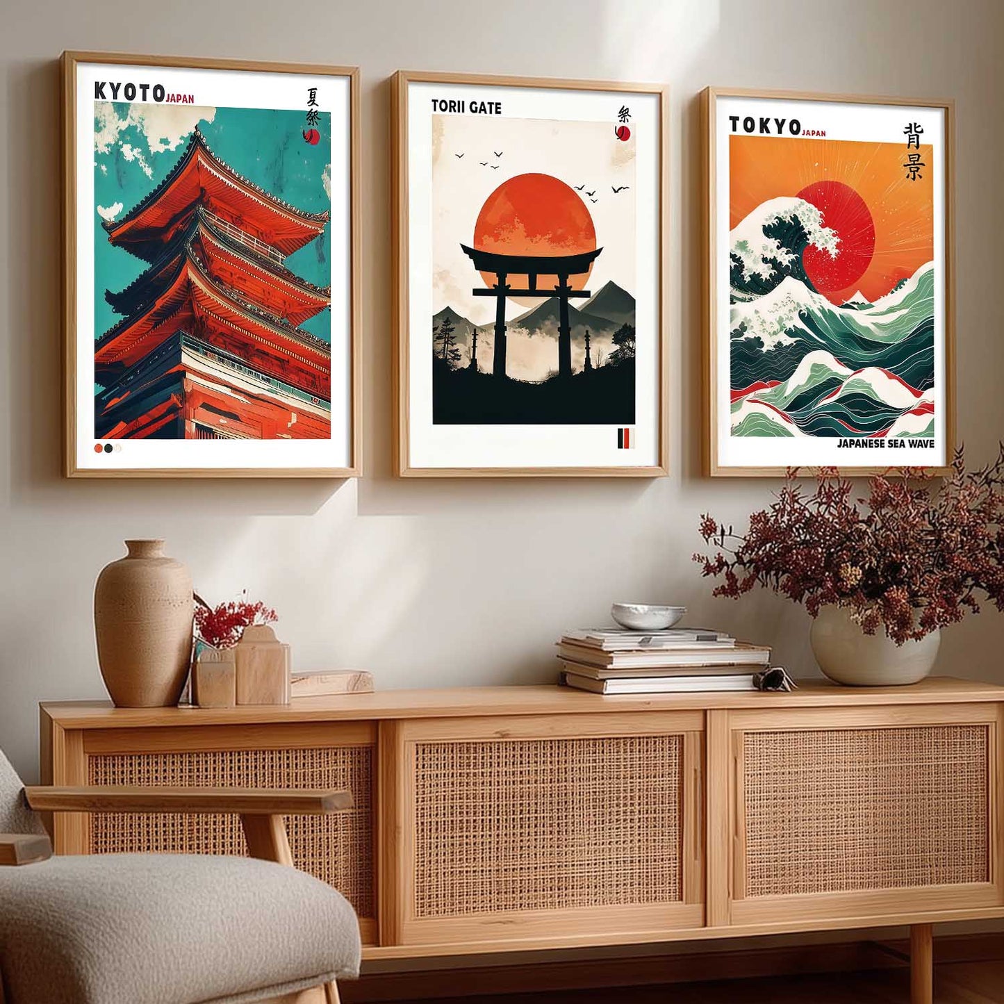 Japan Waves and City View Wall Art Paintings for Living Room Bedroom