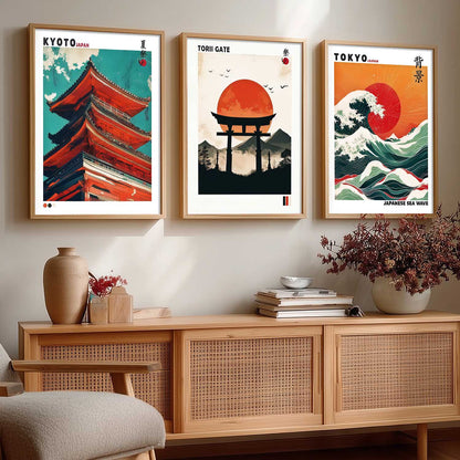 Japan Waves and City View Wall Art Paintings for Living Room Bedroom