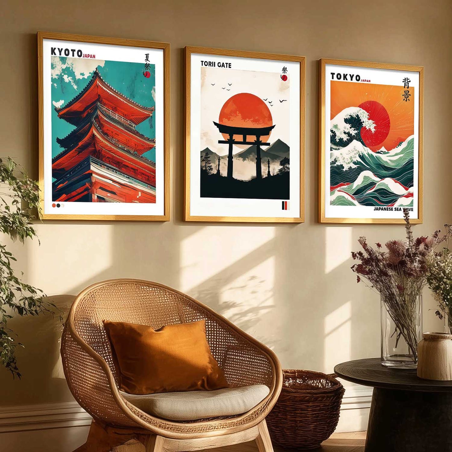 Japan Waves and City View Wall Art Paintings for Living Room Bedroom
