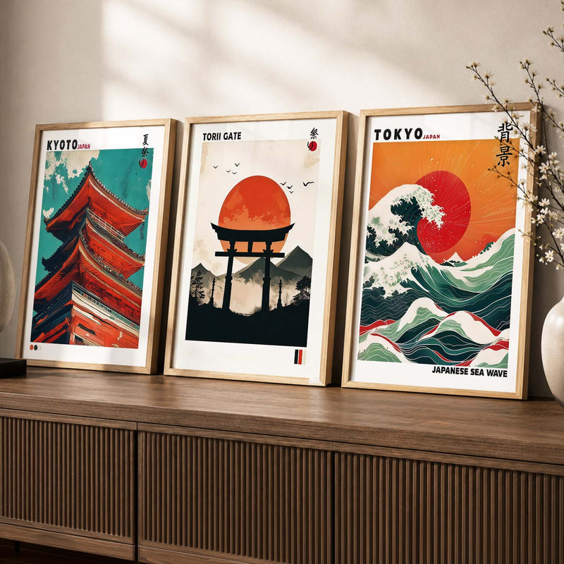 Japan Waves and City View Wall Art Paintings for Living Room Bedroom