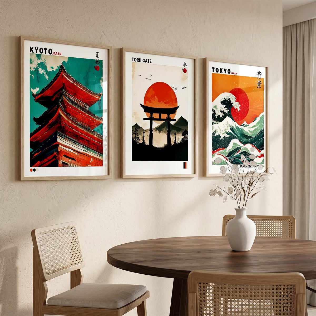 Japan Waves and City View Wall Art Paintings for Living Room Bedroom