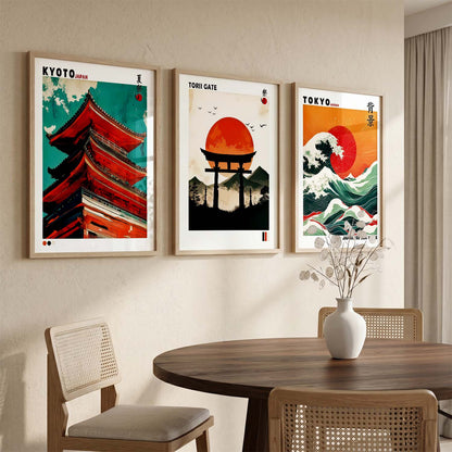 Japan Waves and City View Wall Art Paintings for Living Room Bedroom