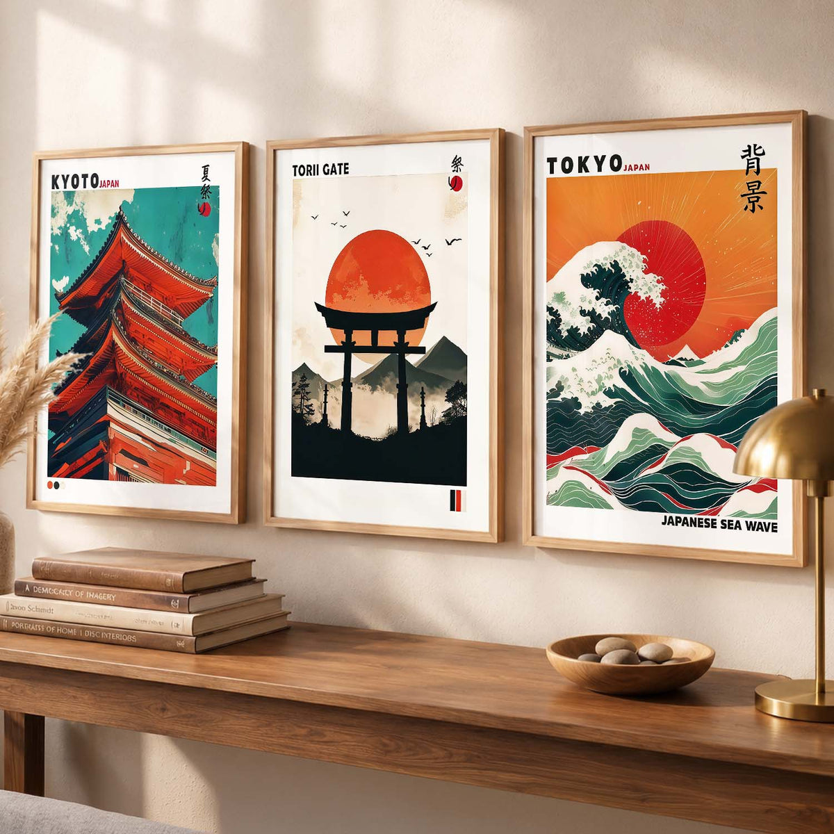 Japan Waves and City View Wall Art Paintings for Living Room Bedroom
