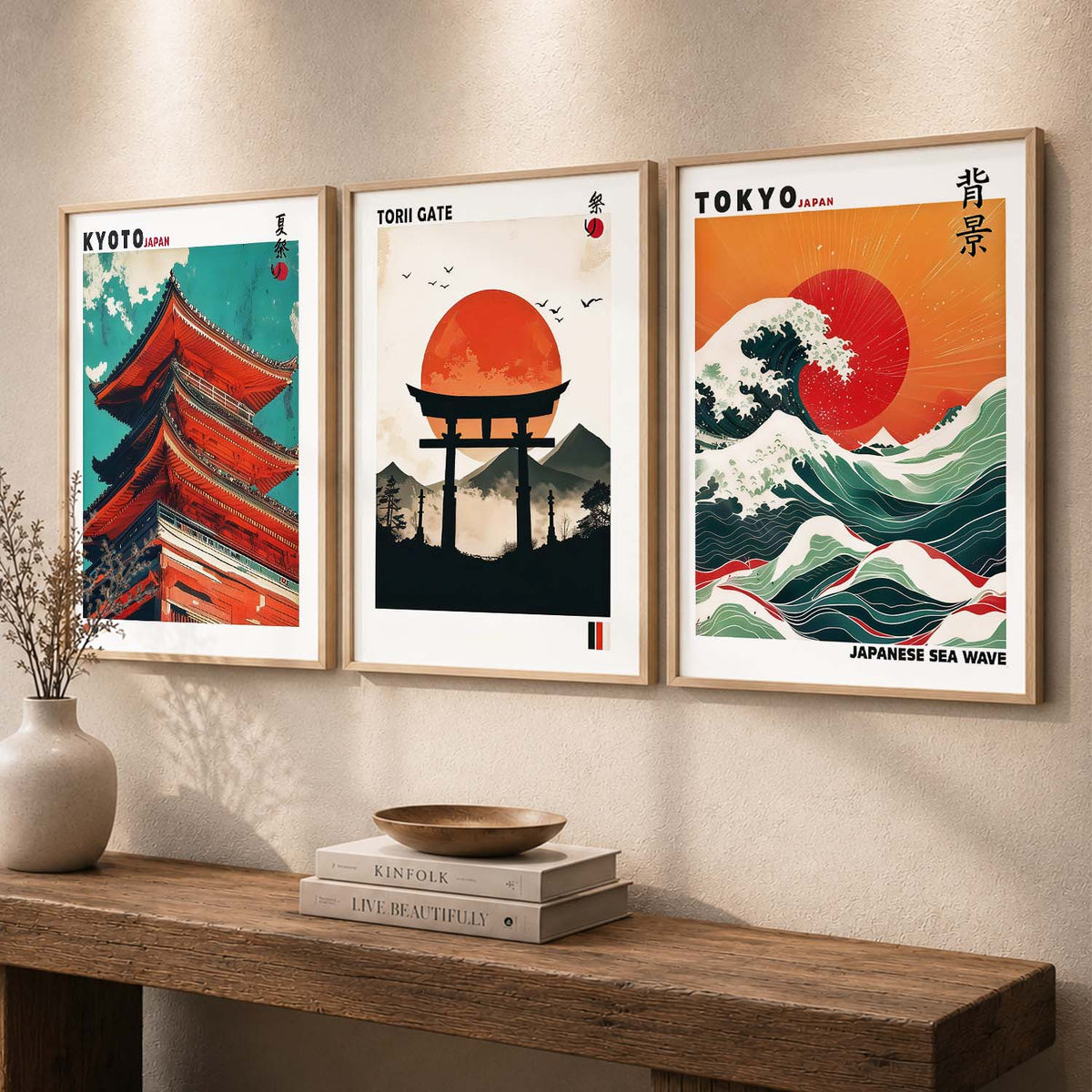 Japan Waves and City View Wall Art Paintings for Living Room Bedroom