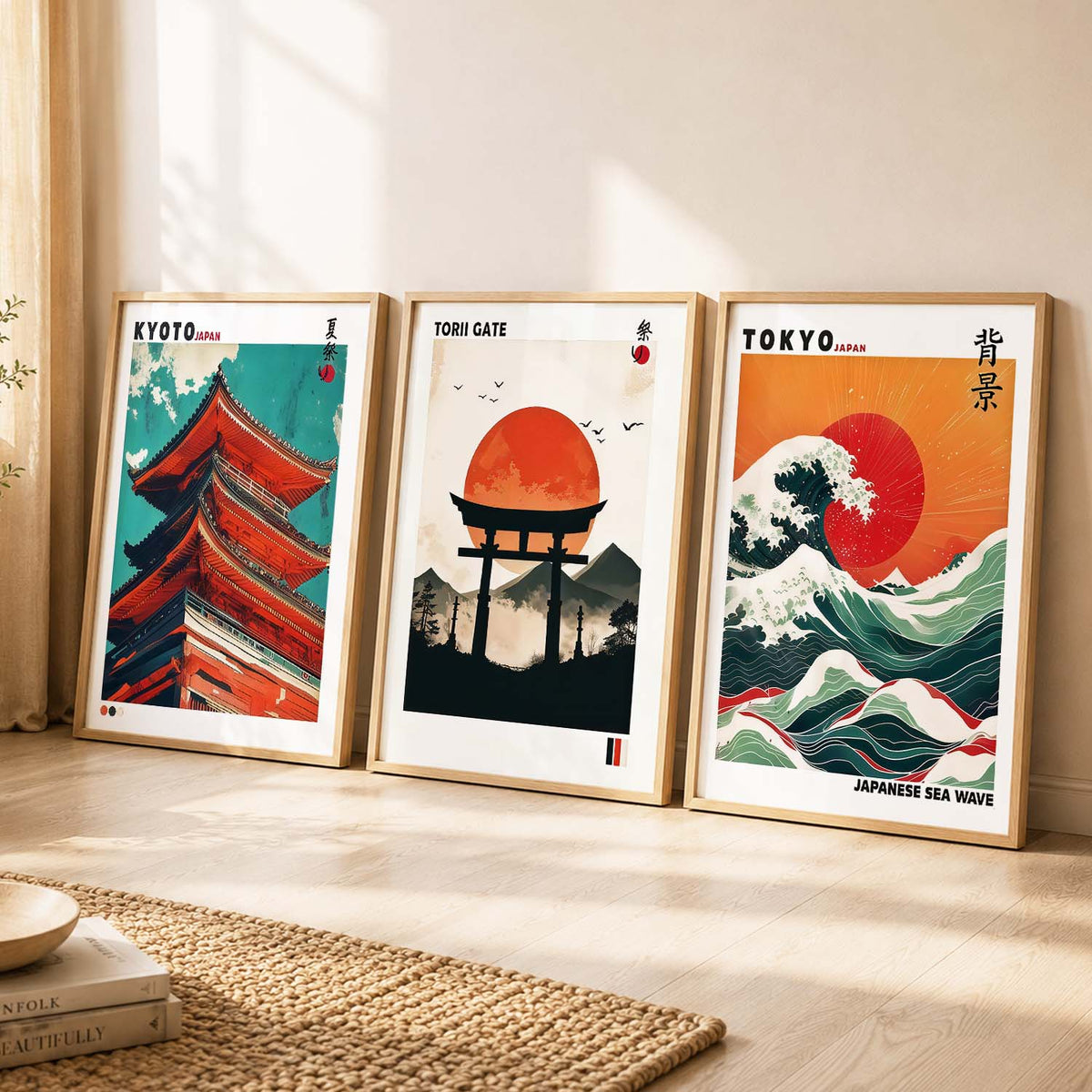 Japan Waves and City View Wall Art Paintings for Living Room Bedroom