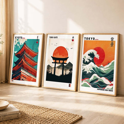 Japan Waves and City View Wall Art Paintings for Living Room Bedroom