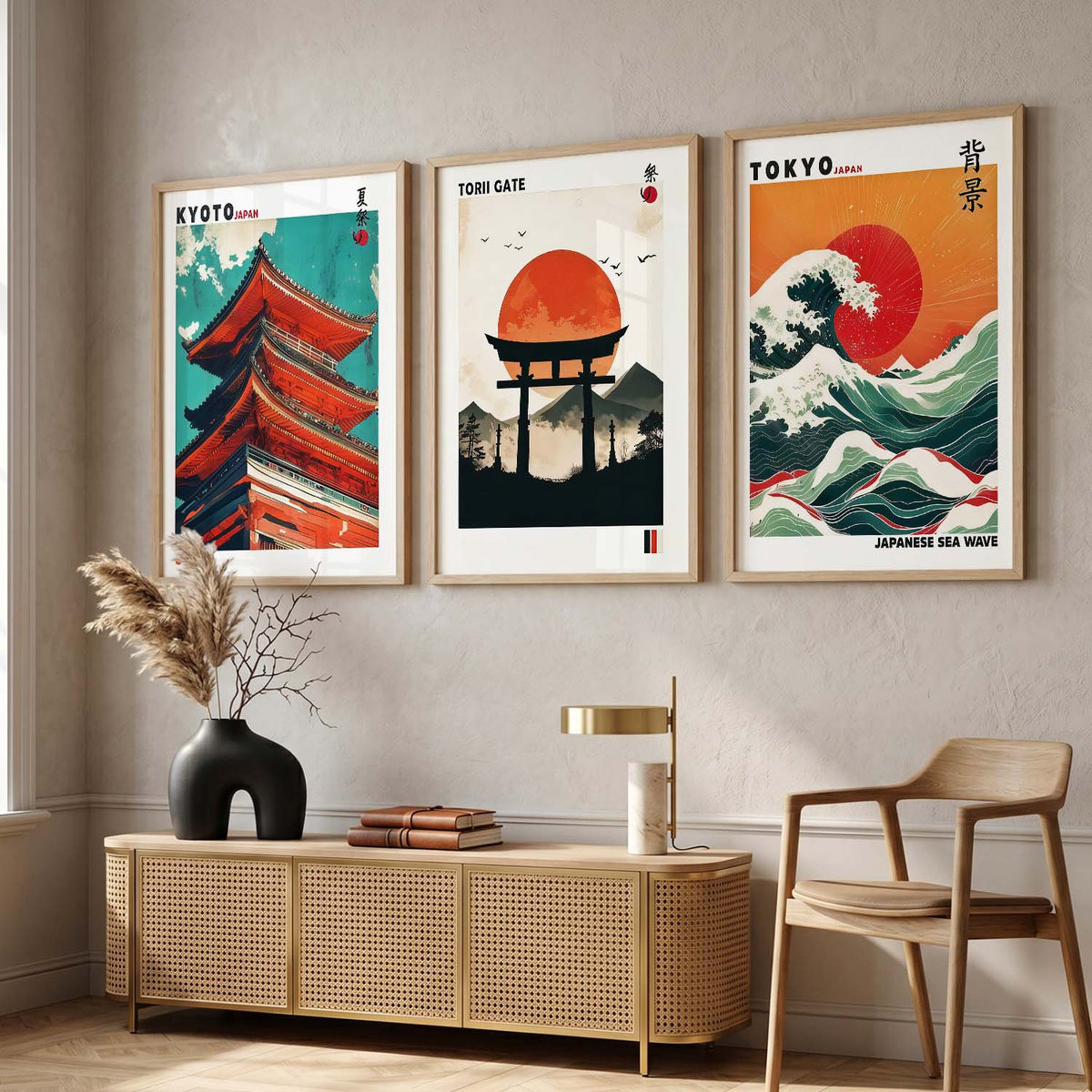 Japan Waves and City View Wall Art Paintings for Living Room Bedroom