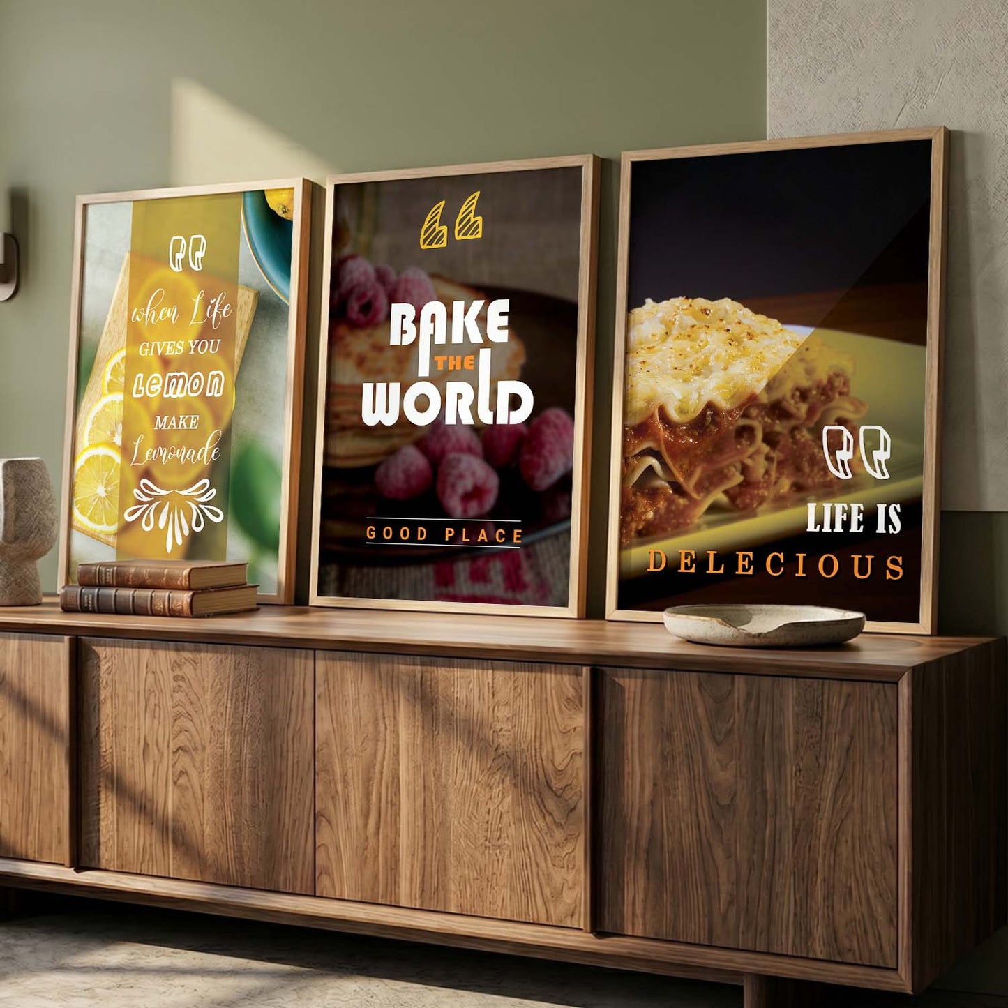 Framed Wall Posters Set for Kitchen Restaurant Bar Wall Decor - Food Lovers Frame Set
