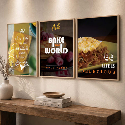 Framed Wall Posters Set for Kitchen Restaurant Bar Wall Decor - Food Lovers Frame Set
