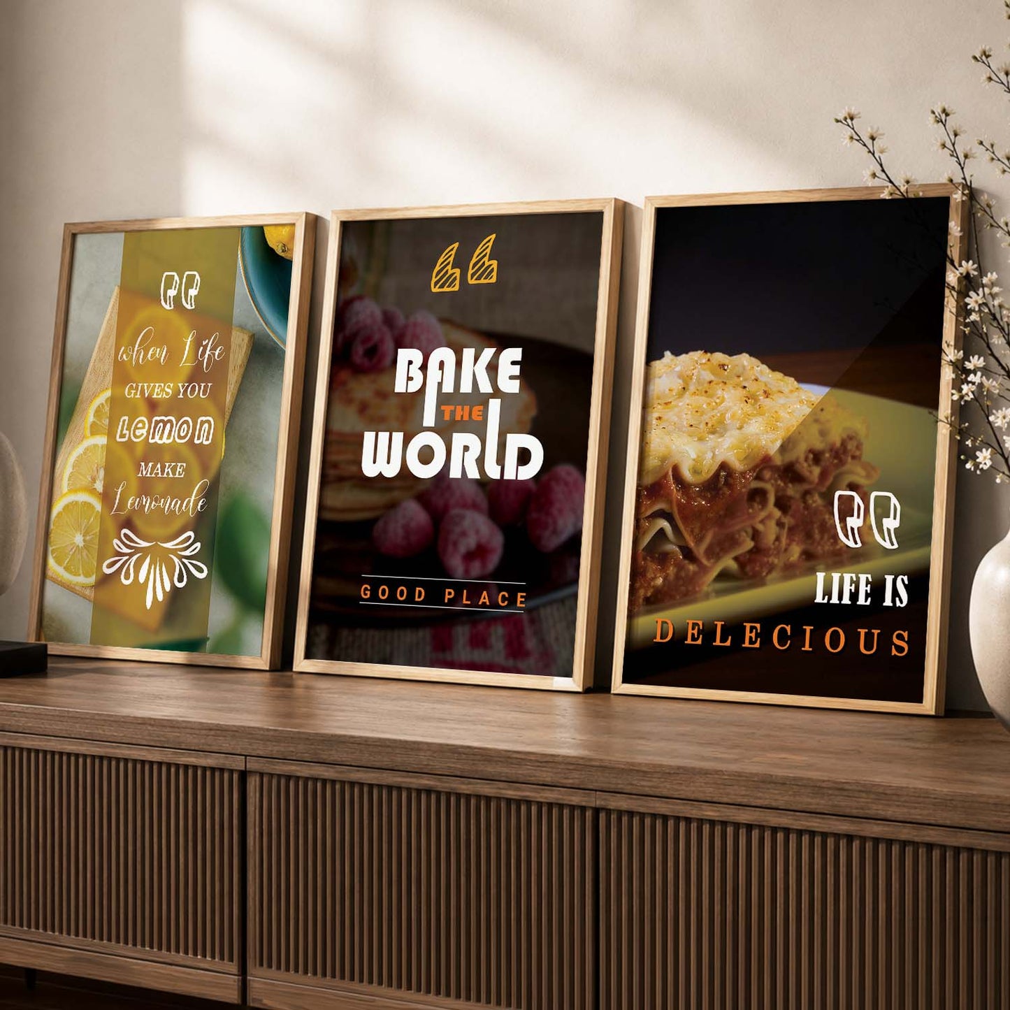 Framed Wall Posters Set for Kitchen Restaurant Bar Wall Decor - Food Lovers Frame Set