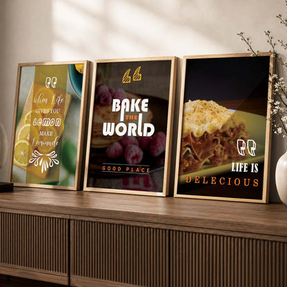 Framed Wall Posters Set for Kitchen Restaurant Bar Wall Decor - Food Lovers Frame Set