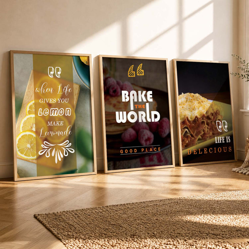 Framed Wall Posters Set for Kitchen Restaurant Bar Wall Decor - Food Lovers Frame Set