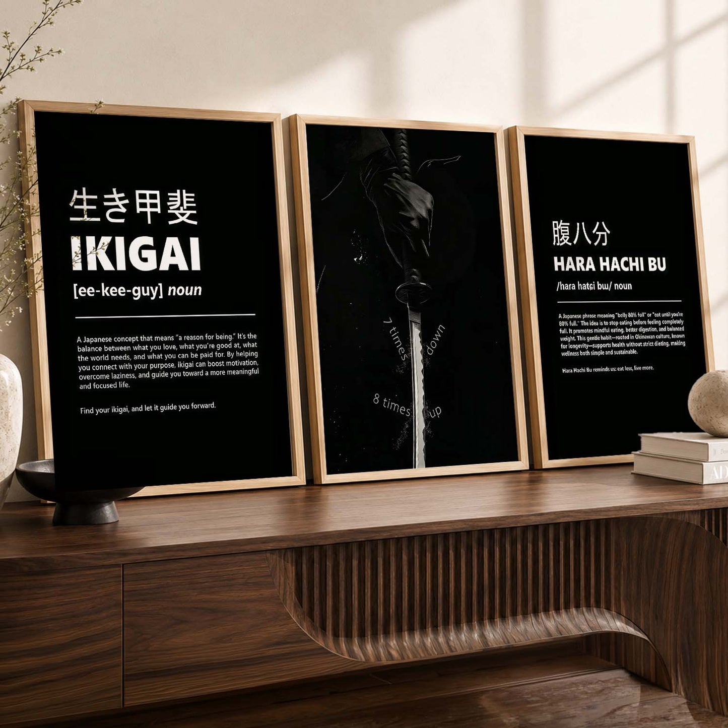 Japanese Samurai Motivational Quotes Wall Art Set of 3 Framed Prints for Dining Room