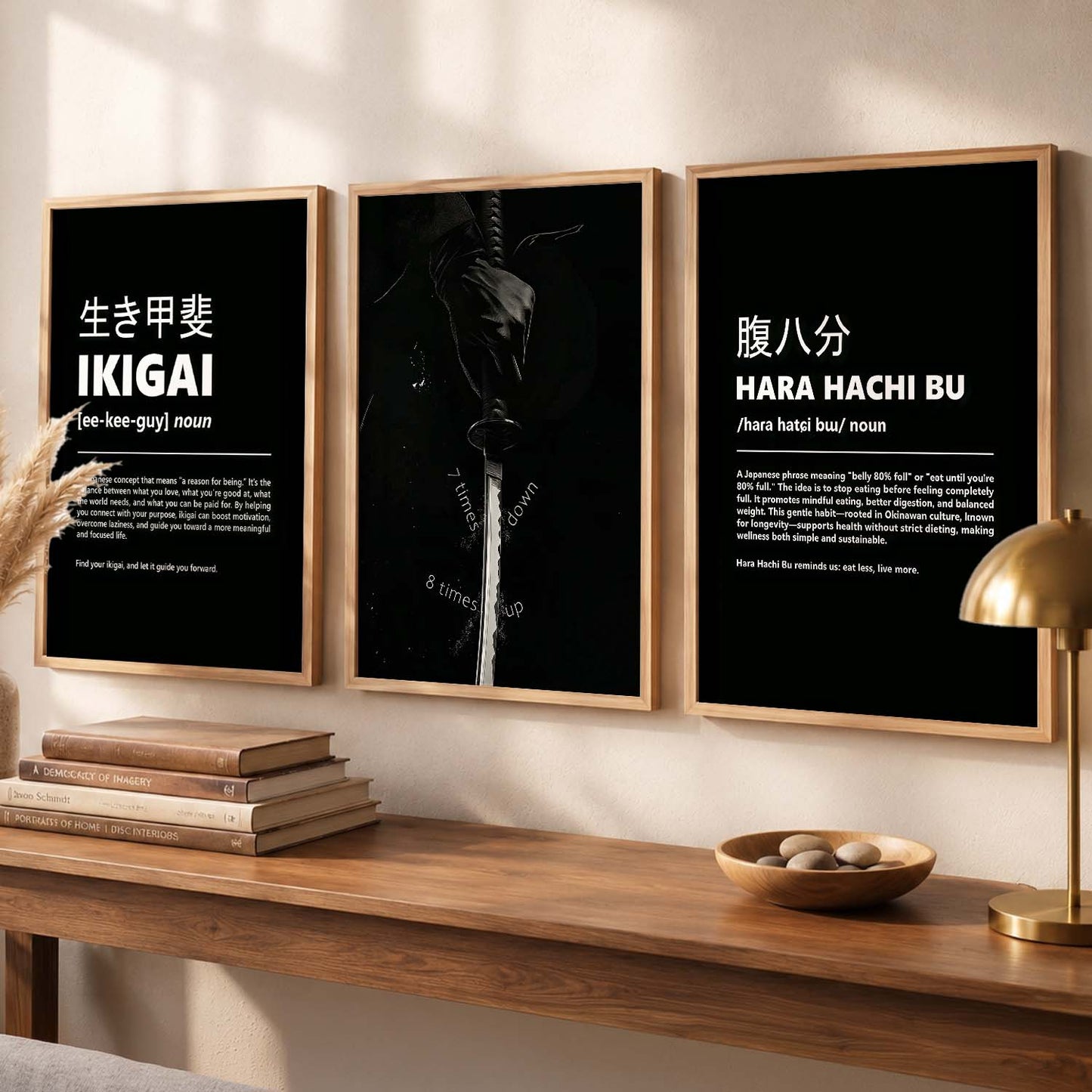 Japanese Samurai Motivational Quotes Wall Art Set of 3 Framed Prints for Dining Room