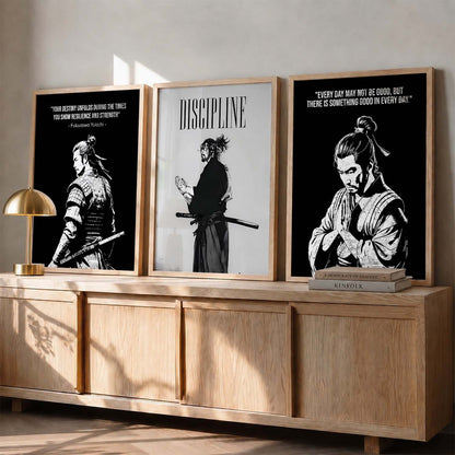 Japanese Samurai Motivational Quotes Wall Art Set of 3 Framed Prints for Kids Room