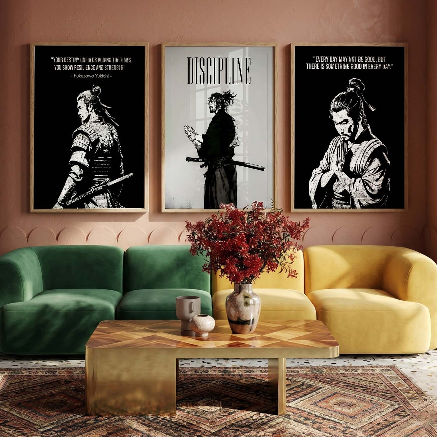 Japanese Samurai Motivational Quotes Wall Art Set of 3 Framed Prints for Kids Room