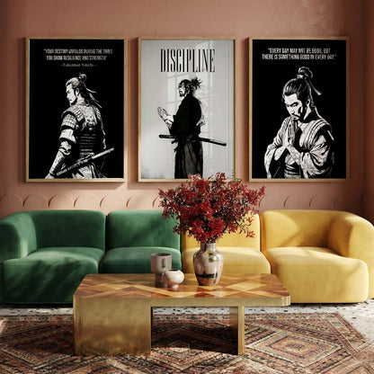 Japanese Samurai Motivational Quotes Wall Art Set of 3 Framed Prints for Kids Room