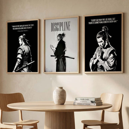 Japanese Samurai Motivational Quotes Wall Art Set of 3 Framed Prints for Kids Room