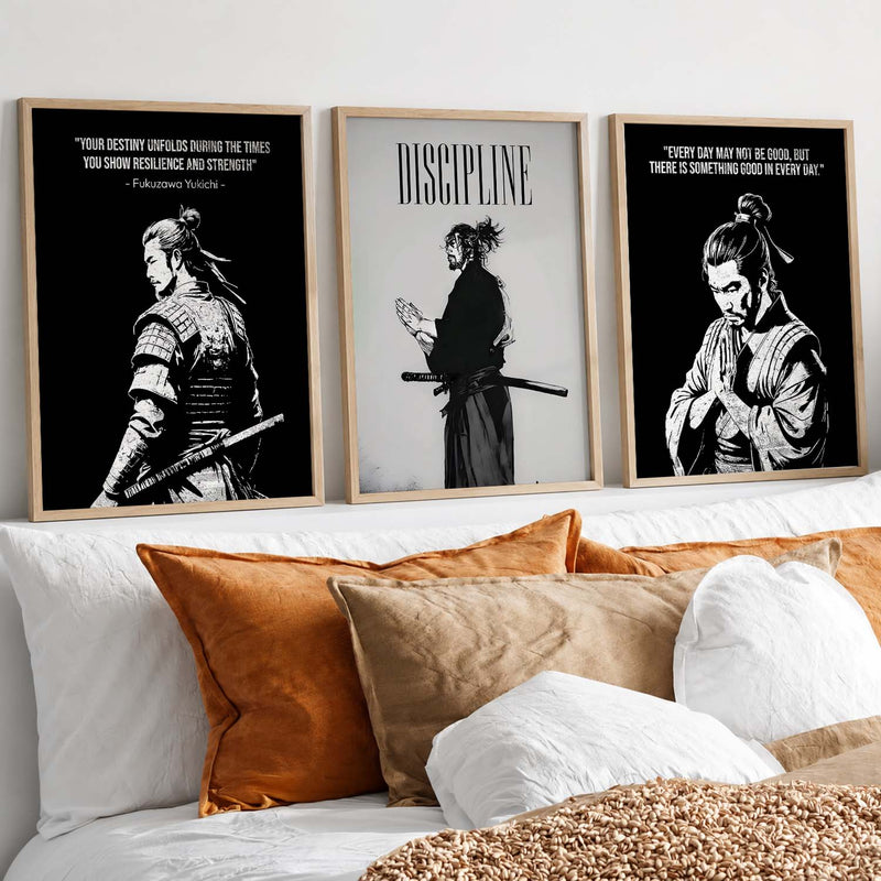 Japanese Samurai Motivational Quotes Wall Art Set of 3 Framed Prints for Kids Room
