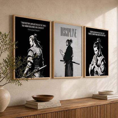 Japanese Samurai Motivational Quotes Wall Art Set of 3 Framed Prints for Kids Room