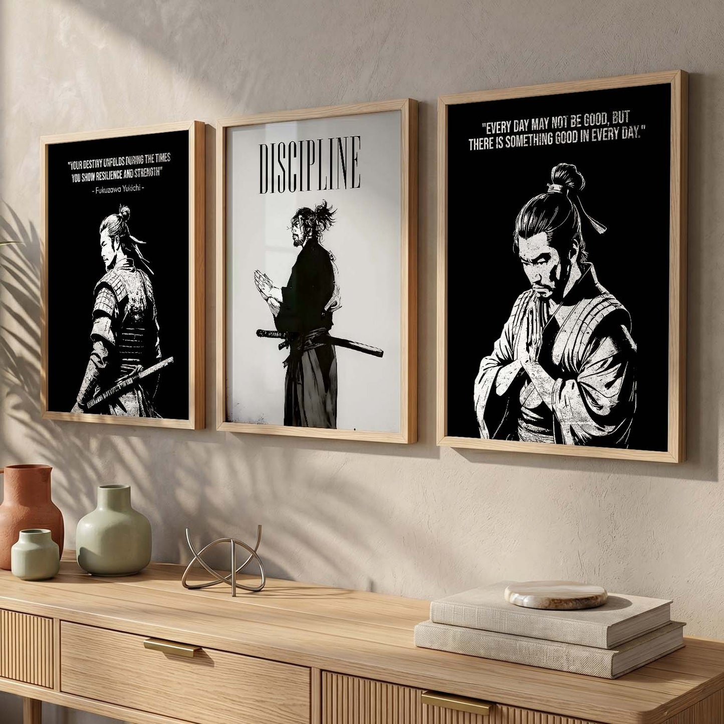 Japanese Samurai Motivational Quotes Wall Art Set of 3 Framed Prints for Kids Room