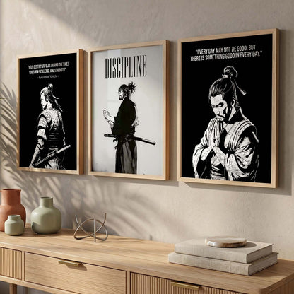Japanese Samurai Motivational Quotes Wall Art Set of 3 Framed Prints for Kids Room