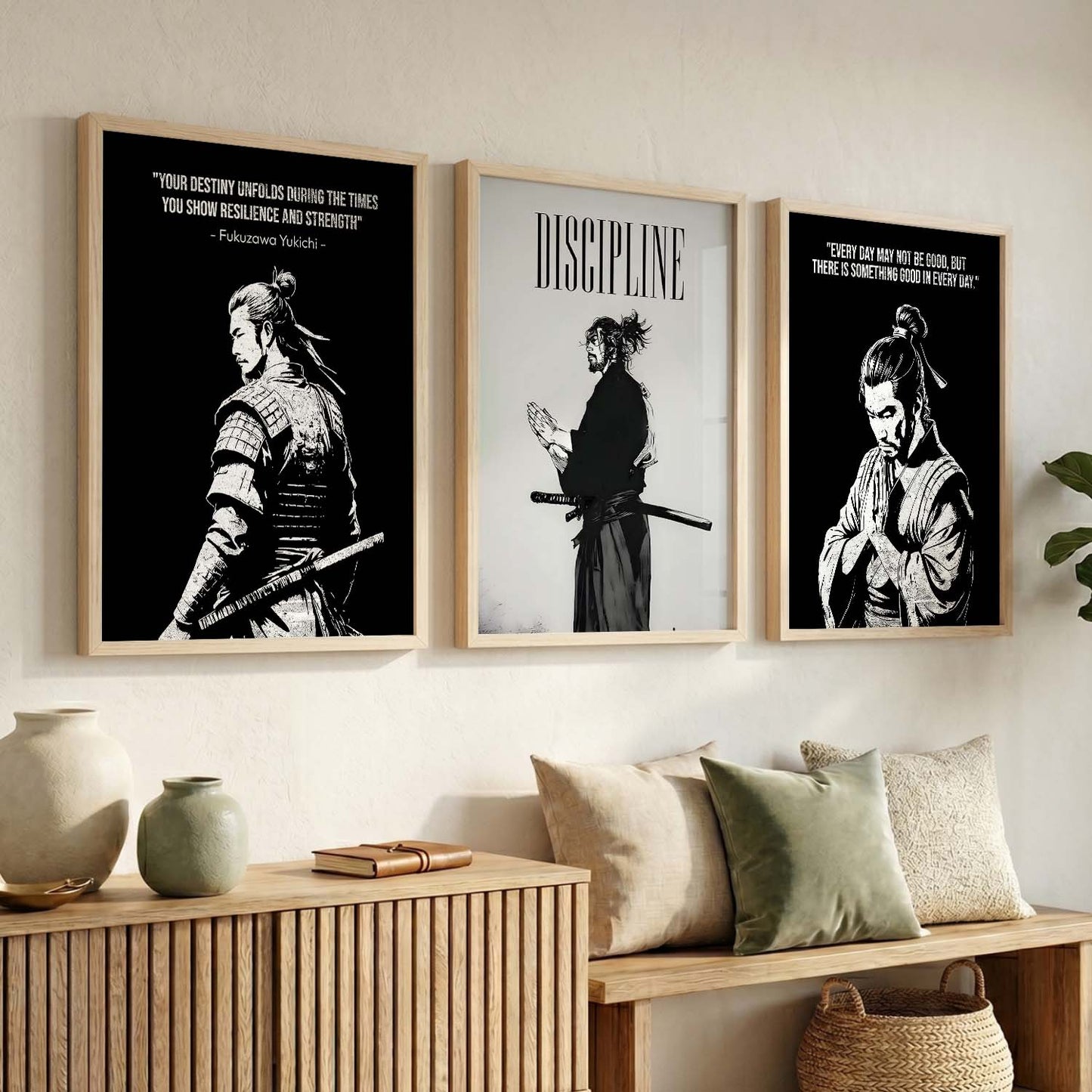 Japanese Samurai Motivational Quotes Wall Art Set of 3 Framed Prints for Kids Room