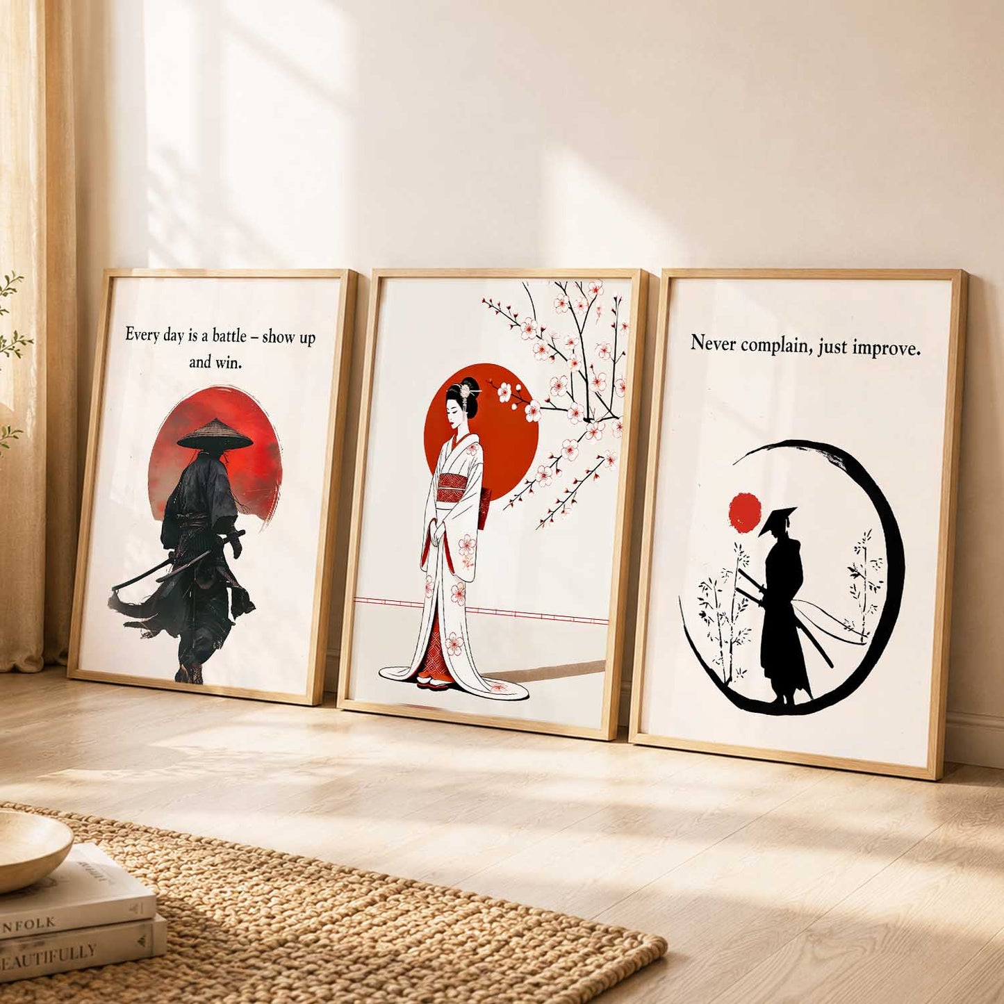 Japanese Samurai Motivational Quotes Wall Art Set of 3 Framed Prints for Gym Room