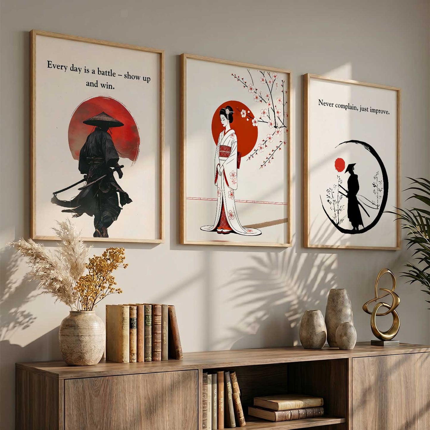 Japanese Samurai Motivational Quotes Wall Art Set of 3 Framed Prints for Gym Room