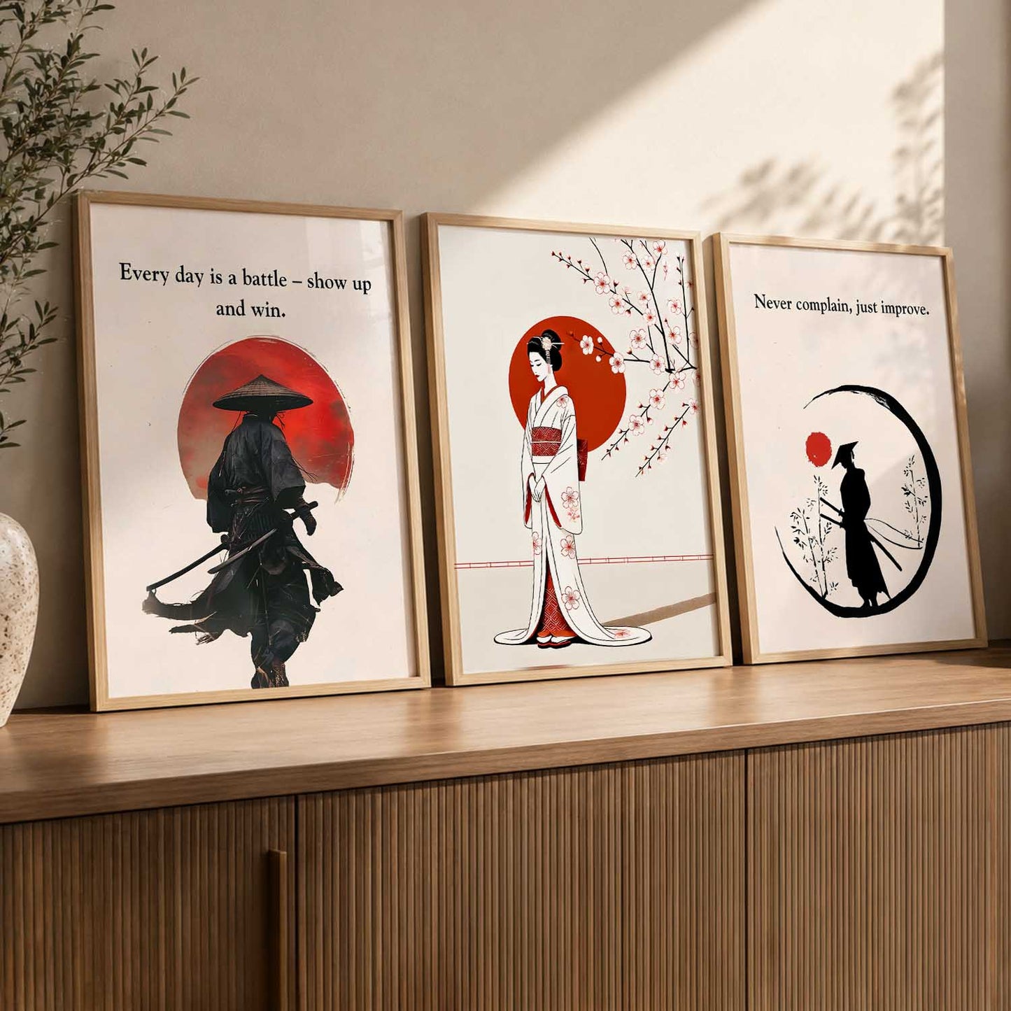 Japanese Samurai Motivational Quotes Wall Art Set of 3 Framed Prints for Gym Room