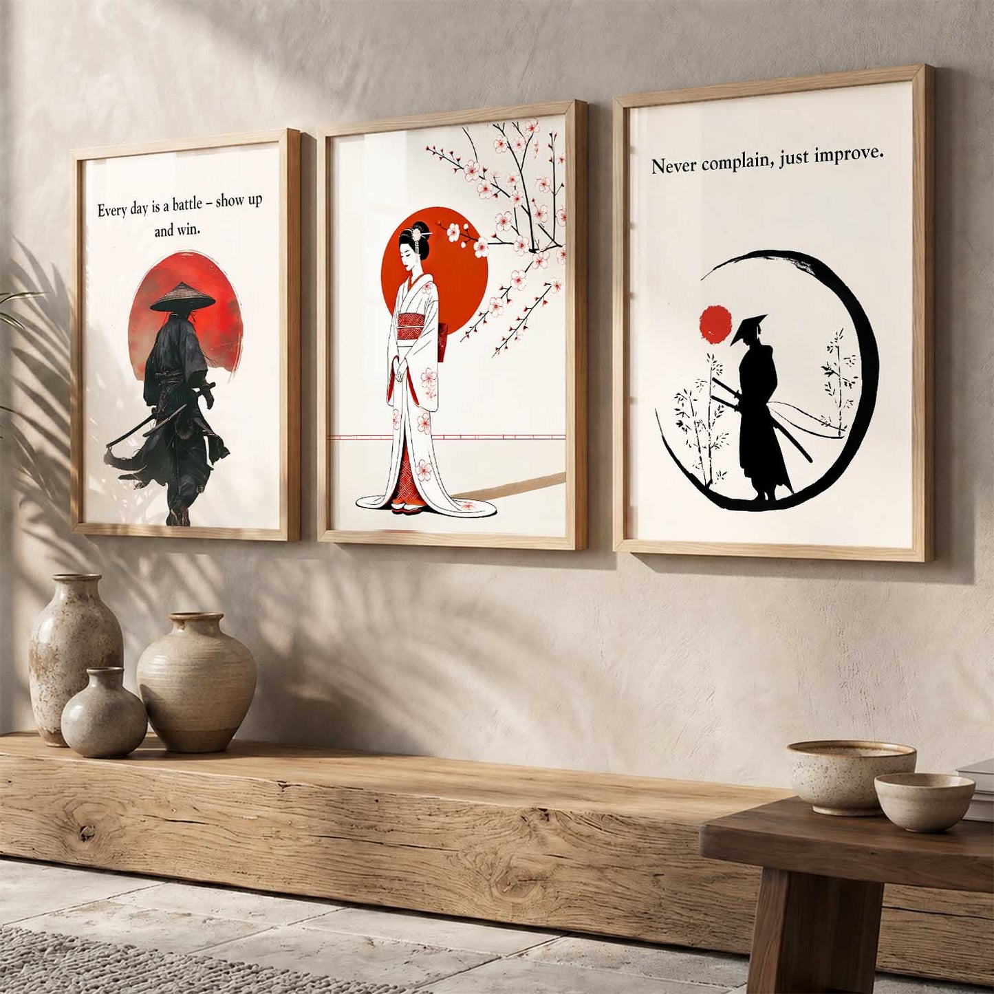 Japanese Samurai Motivational Quotes Wall Art Set of 3 Framed Prints for Gym Room