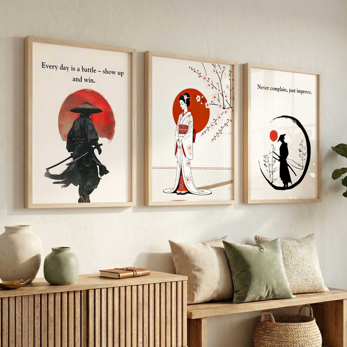 Japanese Samurai Motivational Quotes Wall Art Set of 3 Framed Prints for Gym Room
